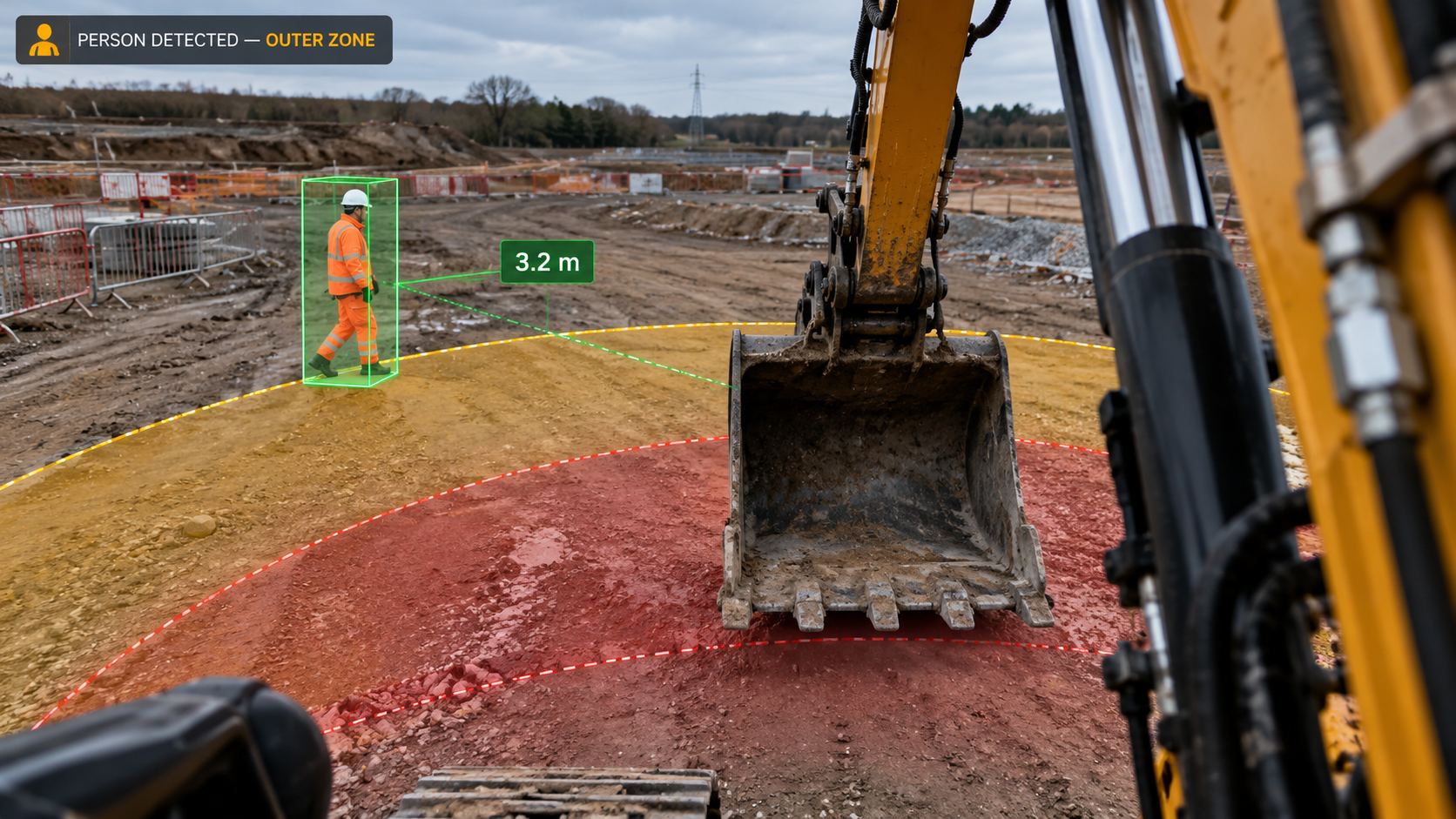 View from a SightPod camera: a person detected in the outer zone around an excavator, 3.2 metres from the bucket