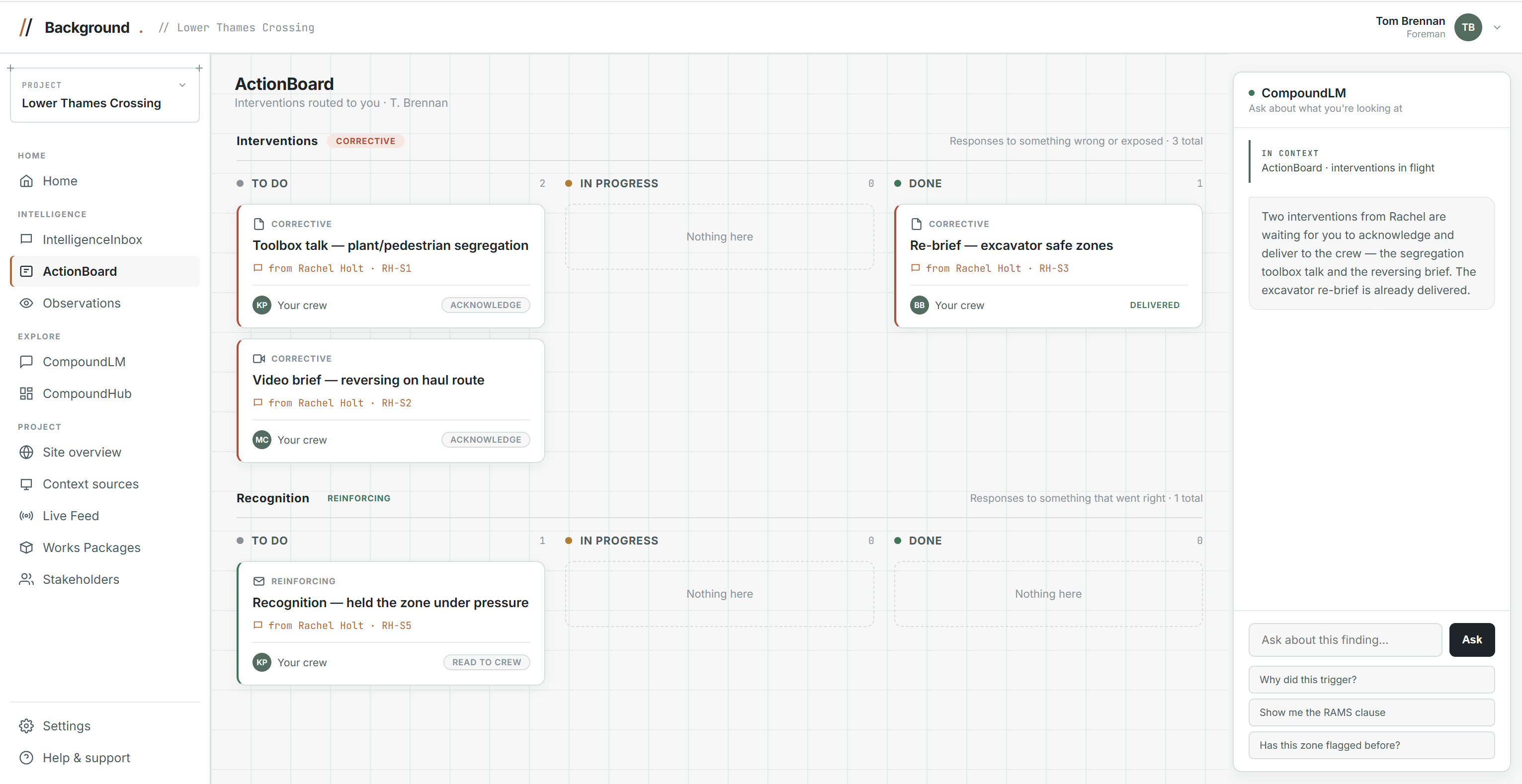 Background ActionBoard — interventions addressed to named people and tracked until they land