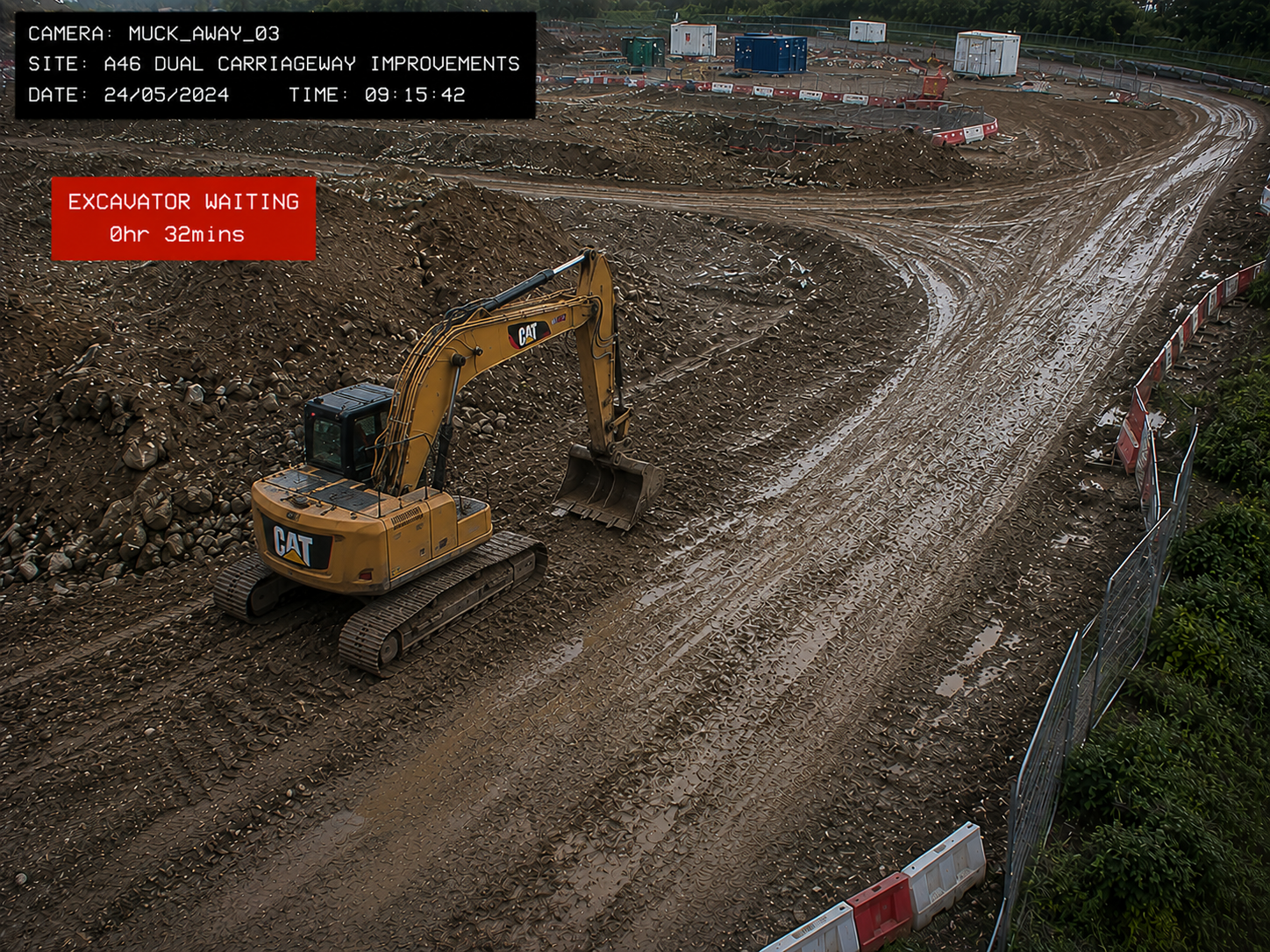 Representative site view — an excavator waiting with no vehicle to load